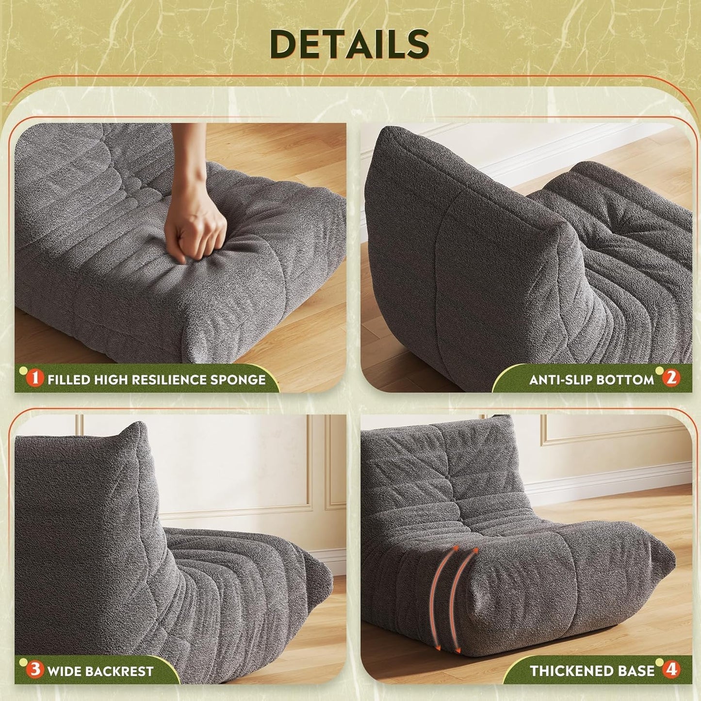 SKY-TOUCH Caterpillar Lazy Sofa, Bean Bag Chair, Sofa Chair, Fainting Couch, Oversized Soft Skin-Friendly Floor Lounge Chair for Living Room Bedroom Salon Office, Single, Grey - 105x90x80cm