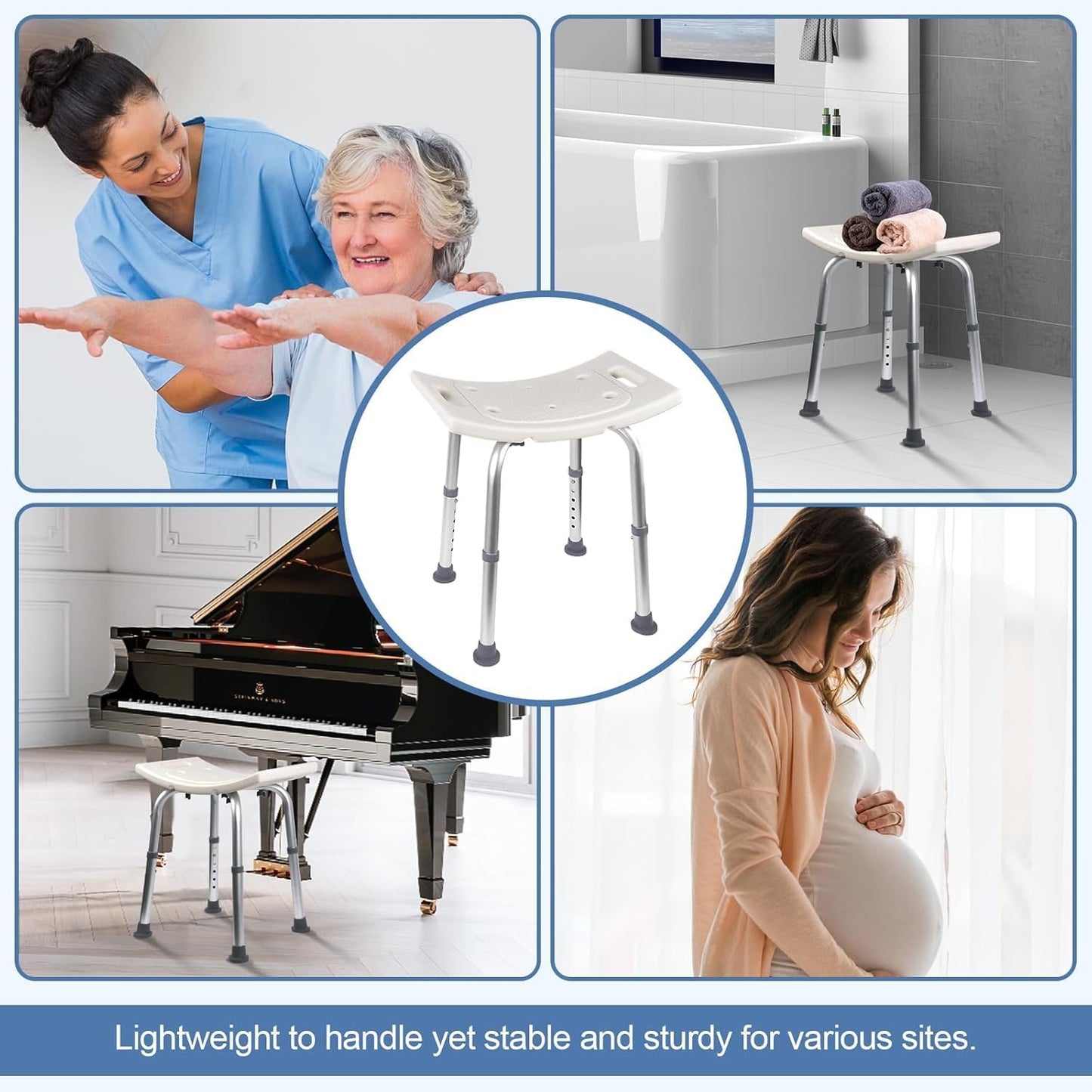 SKY-TOUCH Non-Slip Shower Stool with Suction Feet, Adjustable Lightweight Rust-Free Aluminium Bath Chair for Elderly, Disabled, Pregnancy, Post Surgery, 42 to 50 cm Height, 400 lbs Capacity