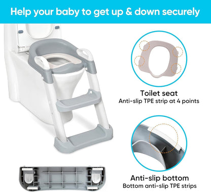 SKY-TOUCH Kids Potty Training Seat with Steps,Adjustable Toddlers Potty Toilet Trainer,Toilet Ladder Seat, Folding Children's Toilet Training with Steps Non Slip & Space Efficient for Boys Girls，Grey