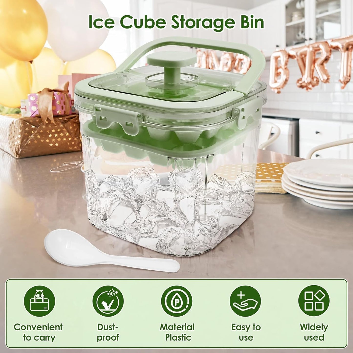 SKY-TOUCH 5L Portable Ice Bucket for Freezer with 56 Grids Mold Tray & Scoop, Large Capacity Clear Refrigerator Ice Cube Storage Bin for Outdoor Camping and BBQ Party (Green)