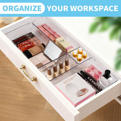 SKY-TOUCH 18PACK Clear Plastic Drawer Organizer,Drawer Organizer Trays,Desk Drawer Organizer Trays,4 Size Large Storage Organizer Divider Set for Fridge Organizer, Bathroom, Vanity Storage Bins,Office