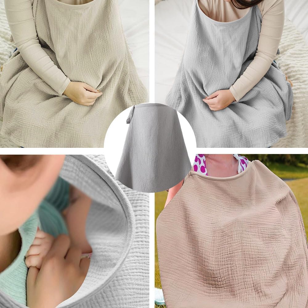SKY-TOUCH Muslin Nursing Cover for Baby Breastfeeding, 360°Full Coverage Nursing Poncho, Breathable 100% Cotton Breastfeeding Cover with Rigid Hoop for Mother Nursing Apron,90x47cm, Grey