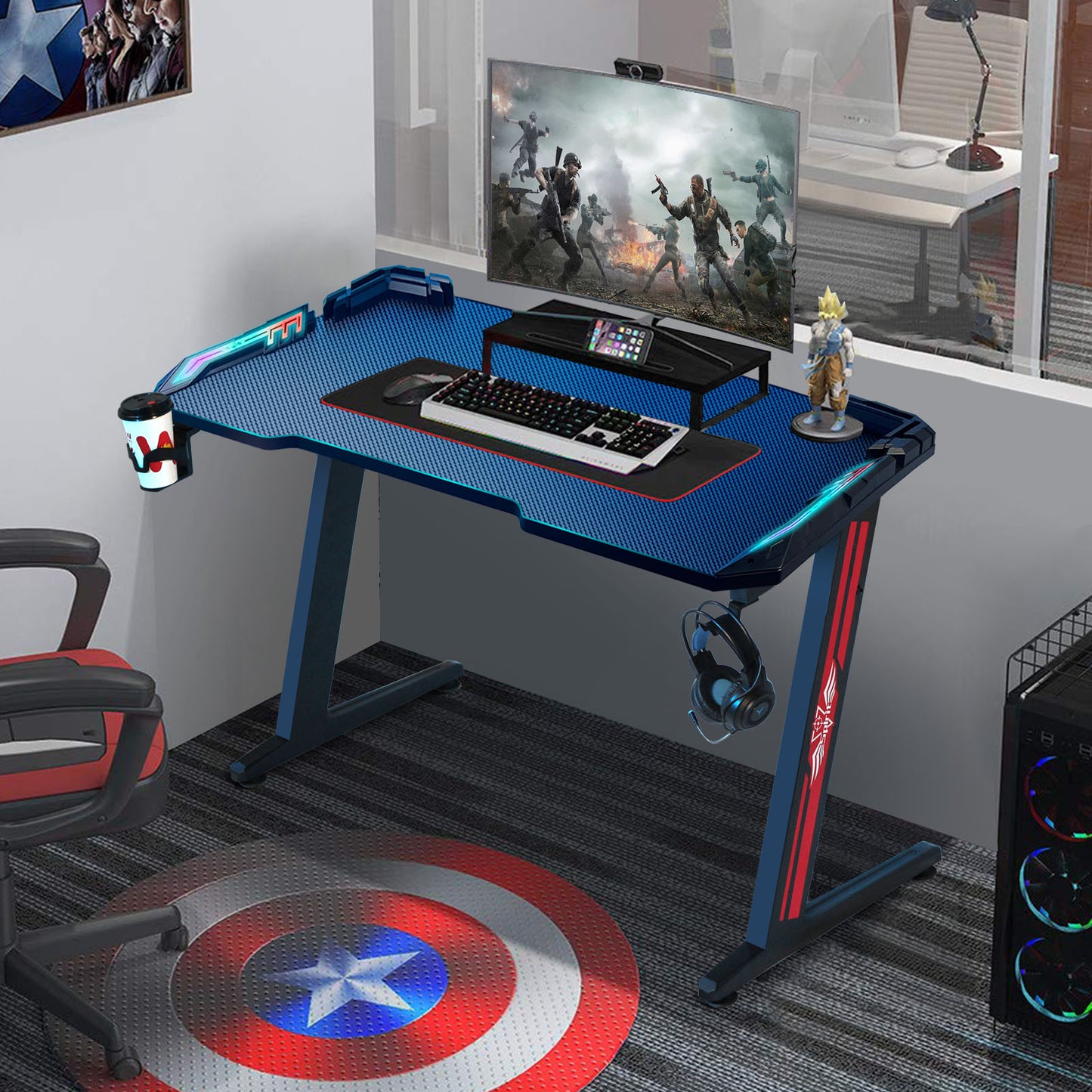 SKY-TOUCH Gaming Desk,Ergonomic Computer and Gaming Table Z Shaped for Pc, Workstation, Home, Office with LED Lights Carbon Fiber Surface,Cup Holder and Headphone Hook,Blue120×60×75cm