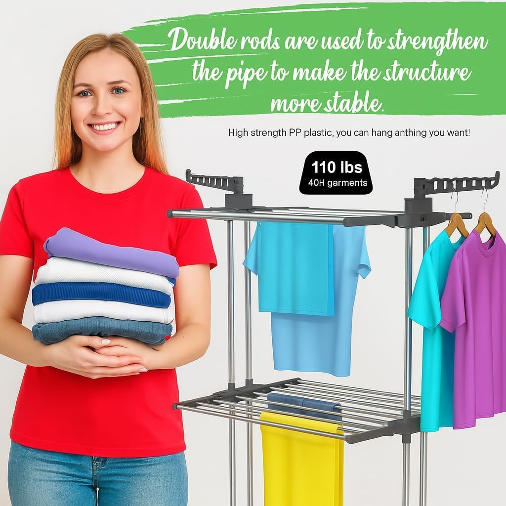 SKY-TOUCH 4 Tier Foldable Clothes Drying Rack, Laundry Drying Rack with Two Side Wings, Movable Drying Rack with 4 castors, 24 Drying Poles & 14 Hooks, Space-Saving, for Bed Linen, Clothing - Grey