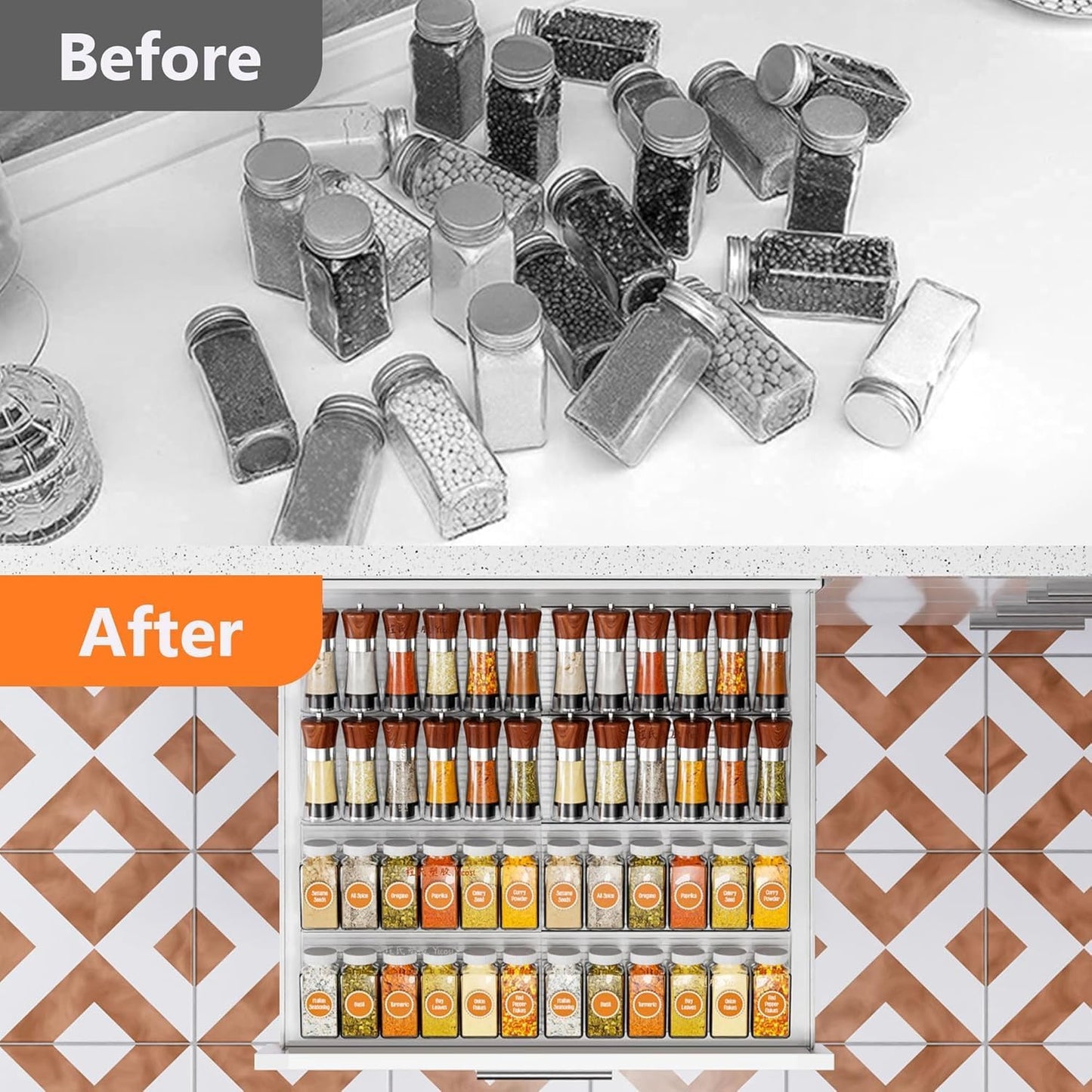 SKY-TOUCH Spice Drawer Rack, 4 Tier- 2 Set (8 Pcs) Expandable From 11" to 22" Clear Acrylic Seasoning Jars Drawers Organizer, Kitchen Drawers, Cabinets Countertops Expandable Storage for Spice Jars