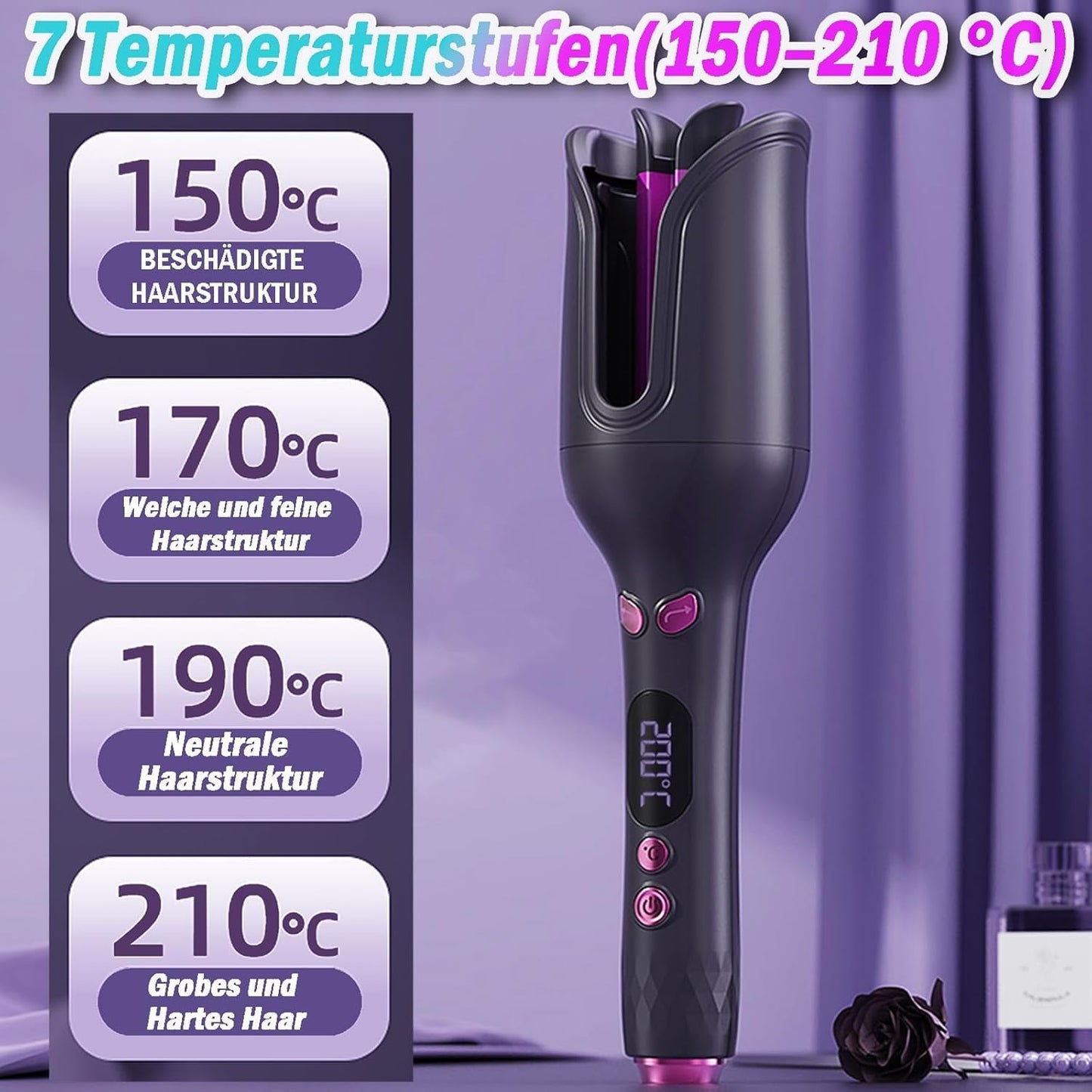 SKY-TOUCH Hair Automatic Curling Iron, LCD Ceramic Tourmaline Large Curls Automatic for Long Hair, 150-210°C Timer & Temperature Setting, Hair Curler Automatic, 4 temperature settings, 31.5x5.5cm