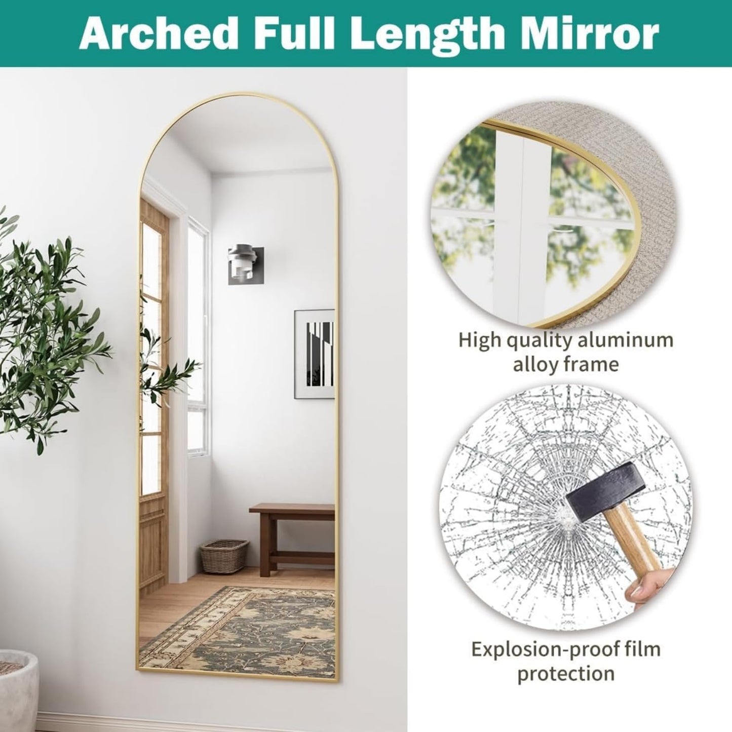 SKY-TOUCH Arched Full Length Mirror 160x40cm, Floor Mirrors Free-Standing Leaning Large Bedroom Dressing Mirror, Wall-Mounted Mirror for Living Room,Bedroom, Gold