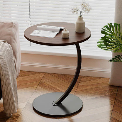 SKY-TOUCH C Shaped End Table : Couch Side Table with Metal Frame Round Wood Tray Table for Living Room Bedroom Bedside Laptop Snack Coffee Walnut&Black