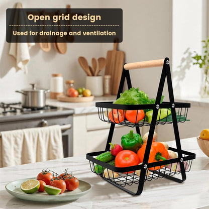 SKY-TOUCH 2-Tier Fruit Basket with Wooden Handle, Detachable Metal Fruit Bowl Holder Vegetable Storage Rack, Countertop Holder for Kitchen, Home, Office - Organize Fruits, Veggies, Snacks, Bread