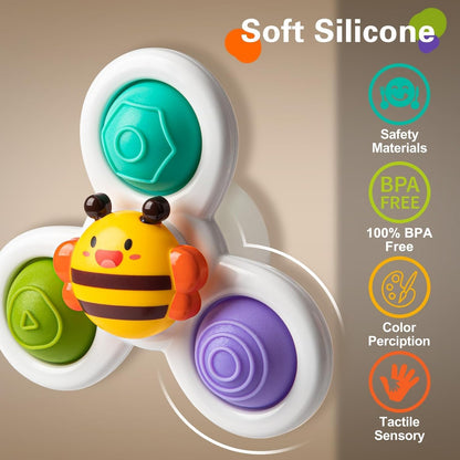 SKY-TOUCH 3PCS Suction Cup Spinner Toys for Toddlers 0-3 Years, Pressable Baby Sensory Fidget Toys, Stress Relief with Strong Suction for High Chair, Car Window, Travel, Fine Motor Skills