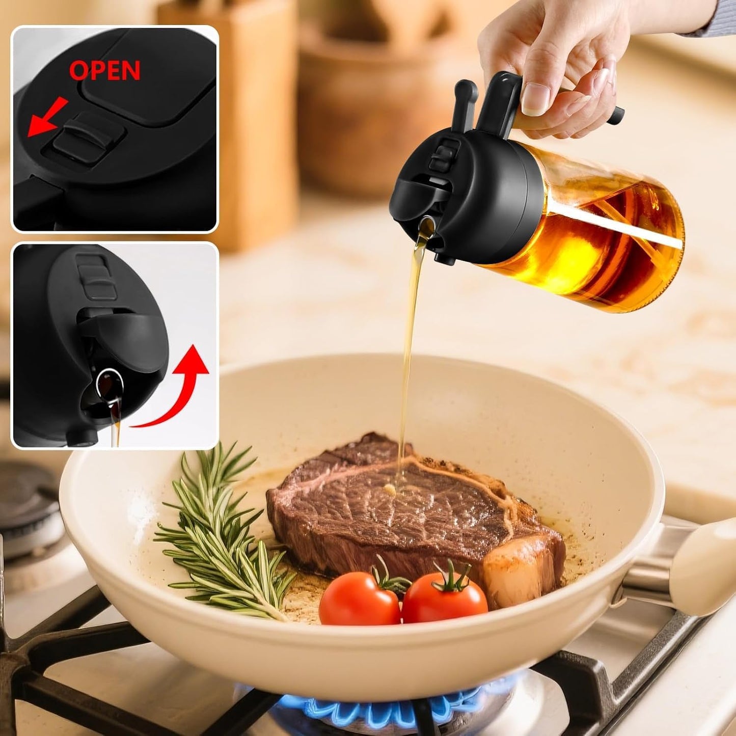 SKY-TOUCH 470ml 2 in 1 Glass Oil Sprayer & Dispenser Bottle, Olive Oil Spray Bottle for Cooking, Air Fryer, Salad, BBQ, Frying, Baking, Grilling, Food Grade, Leak-Proof, Refillable (Black)