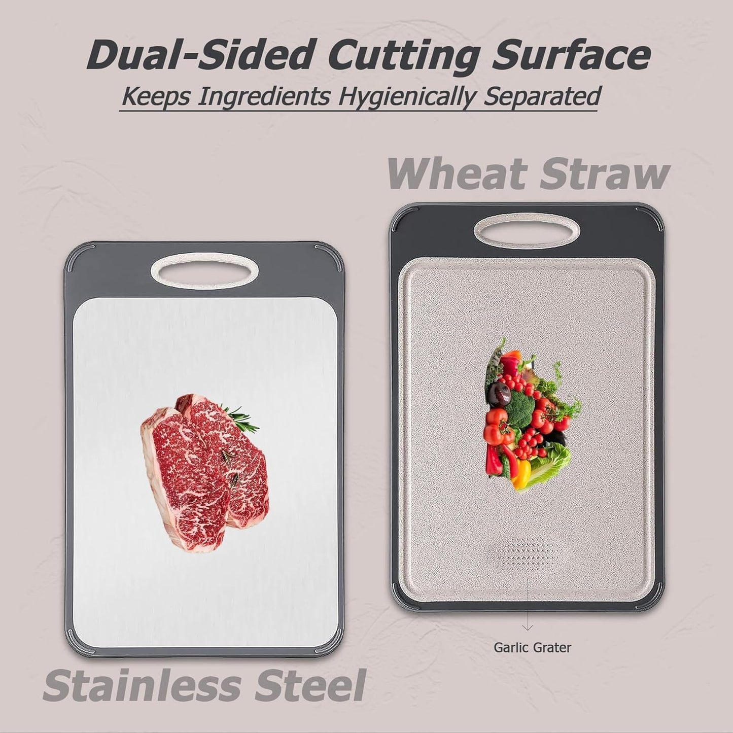 SKY-TOUCH Double Sided Chopping Board, Stainless Steel Food-Grade Chopping Board, Wheat Straw PP Cutting Board, Double-Side Using for Meats Vegetables Fruits,Scratch Resistant, Easy to Clean 35x25cm