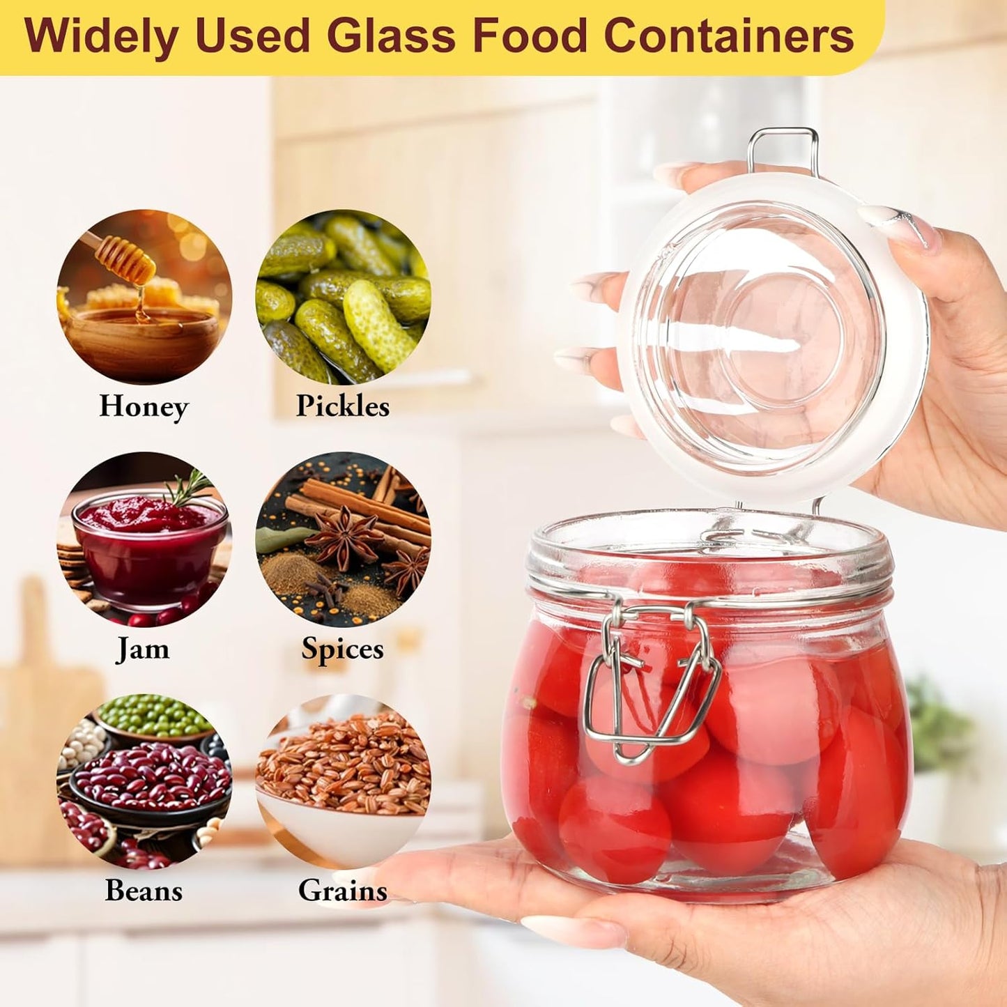SKY-TOUCH Square Glass Jars with Airtight Lid, Wide Mouth Mason Jars with Clamp Lids,Glass Sealed Jars with Air Tight Lids, Best for for Flour, Cereal, Beans, Pasta and Canning
