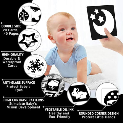 SKY-TOUCH Baby Visual Card Black White, High Contrast Baby Black White Card, Visual Stimulation & Sensory Development, Travel Friendly, Gifts for Infants 0 to 3 Months, 20 Pcs - 40 Pages