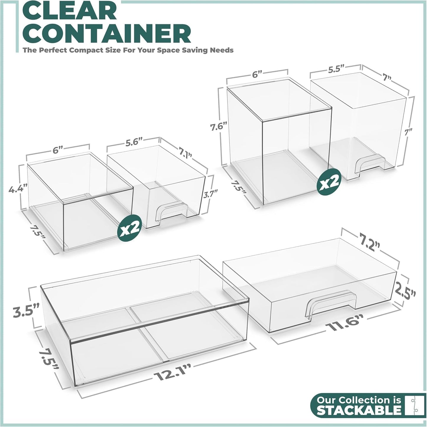 SKY-TOUCH 5 PACK Plastic Stackable Storage Drawers, Clear Acrylic Storage Drawers Container Boxes for Vanity, Undersink, Kitchen Cabinets, Pantry Organization and Storage, Wide *1 + Tall *2 + Small *2