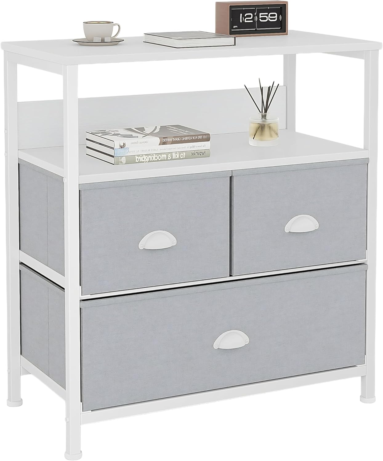 SKY-TOUCH 3 Fabric Drawer Nightstand Storage Chest Unit Home Cabinet w/Shelves Home Living Room Bedroom Entryway Living Furniture, White,58 * 29 * 81.5cm