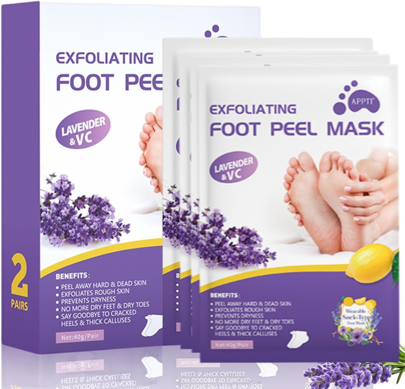 SKY-TOUCH Lavender Exfoliating Foot Mask – 2 Boxes (4 Pairs), Moisturizing, Callus Removal, Dead Skin Treatment, Softens and Hydrates Feet