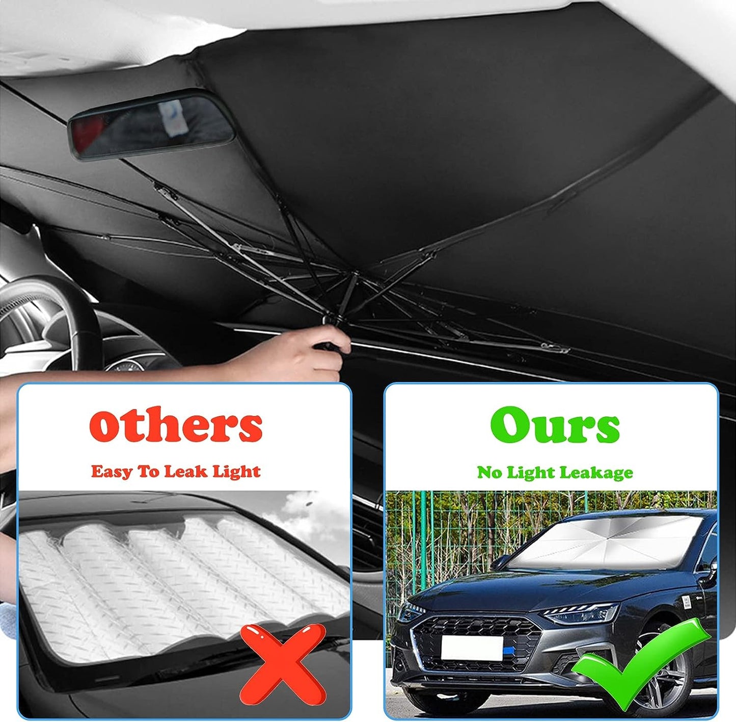 SKY-TOUCH Car Windshield Sun Shade Umbrella,Car UV Sunshade Umbrella Windshield Block Cover,Foldable Car Sun Visor Windshields Sun Shade Cover for Most Car with Leather storage pocket 140 * 80cm