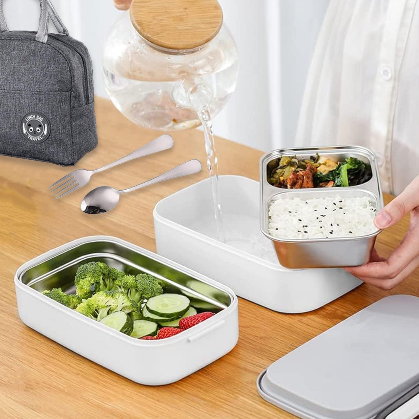 SKY-TOUCH Insulated Lunch Box,Double Layer Stainless Steel Heated Bento Box,Leakproof Lunchbox with Detachable Divider,Microwave Food Safe,with Utensils and Bento Box Bag- BFA Free