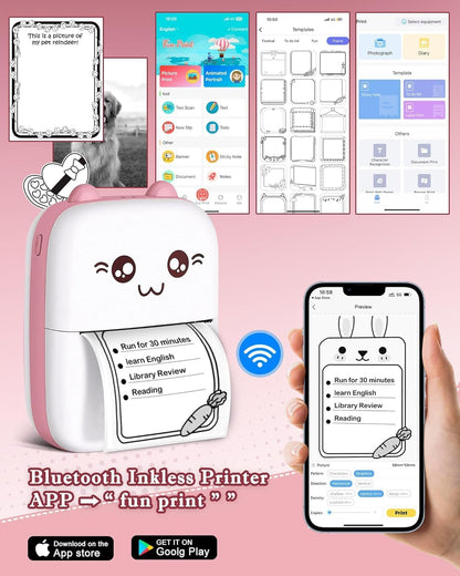SKY-TOUCH Mini Thermal Printer,Bluetooth Labler Maker,Portable Sticker Printer for Printing Photos, Sticky Notes, Lists (Includes 13 Rolls of Thermal Paper&5 color pens),Install "Fun Print" APP,Pink