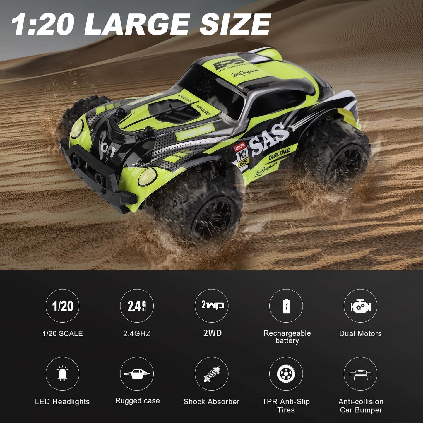 SKY-TOUCH 1:20 scale high speed remote control car, 2.4GHz high speed all terrain off-road remote control truck, boy car toy, waterproof electric car, durable toy gift, suitable for boys aged 6-14.