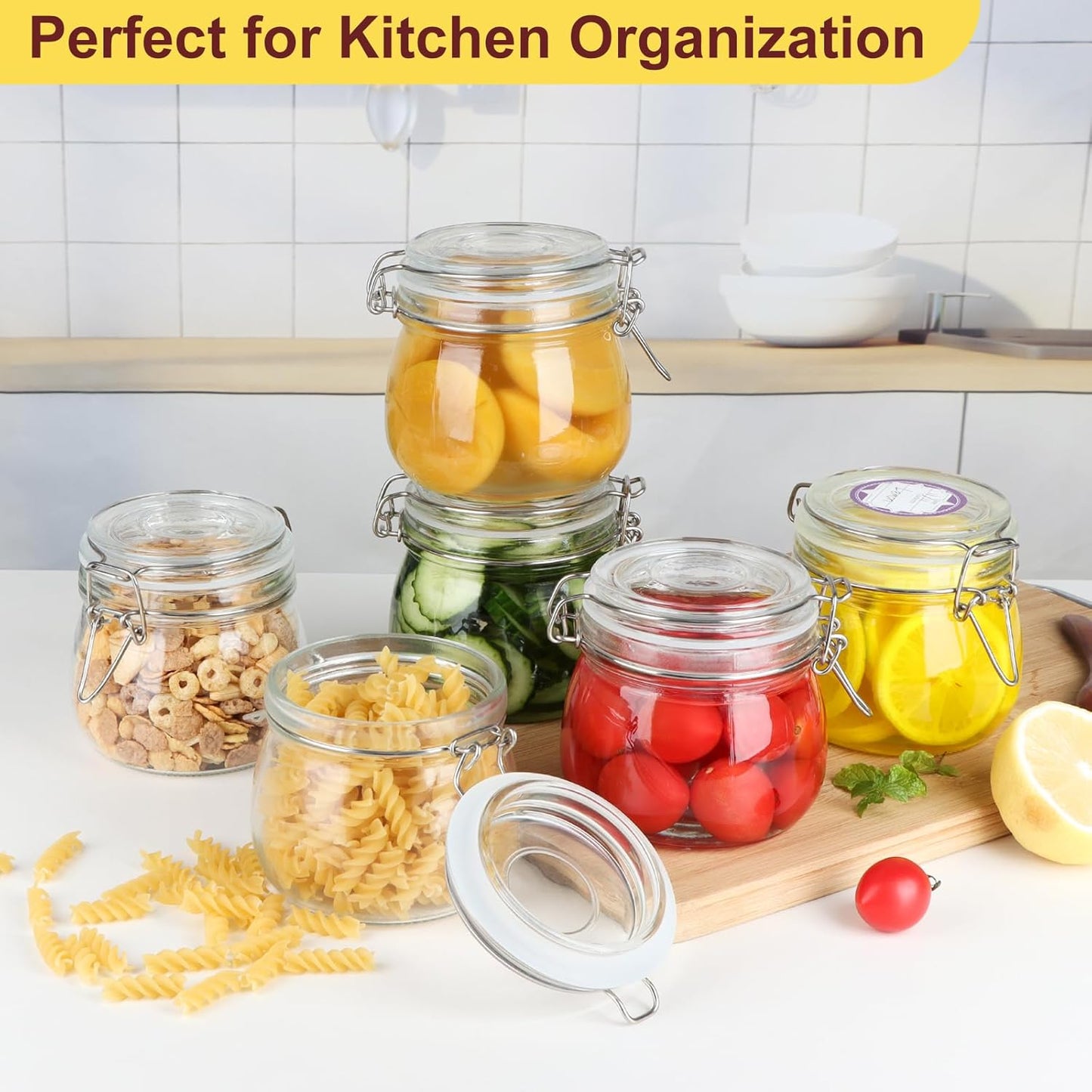 SKY-TOUCH Square Glass Jars with Airtight Lid, Wide Mouth Mason Jars with Clamp Lids,Glass Sealed Jars with Air Tight Lids, Best for for Flour, Cereal, Beans, Pasta and Canning