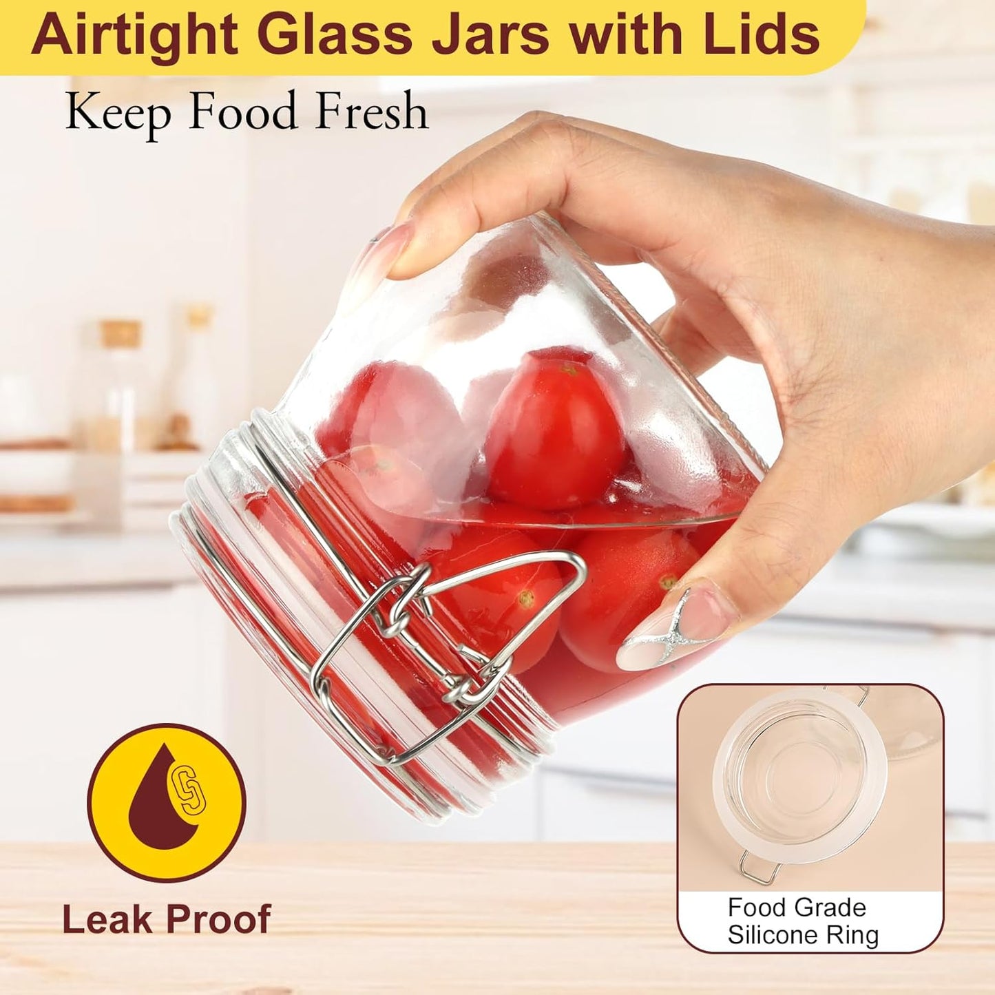 SKY-TOUCH Square Glass Jars with Airtight Lid, Wide Mouth Mason Jars with Clamp Lids,Glass Sealed Jars with Air Tight Lids, Best for for Flour, Cereal, Beans, Pasta and Canning