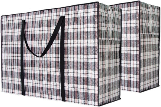 SKY-TOUCH 2Pcs 90 * 60 * 25cm Heavy Duty Extra Large Moving Bags : Foldable Large Capacity Woven Bags with Carrying Handles Quilt Clothes Storage Bag with Double Zippers (135L Black)