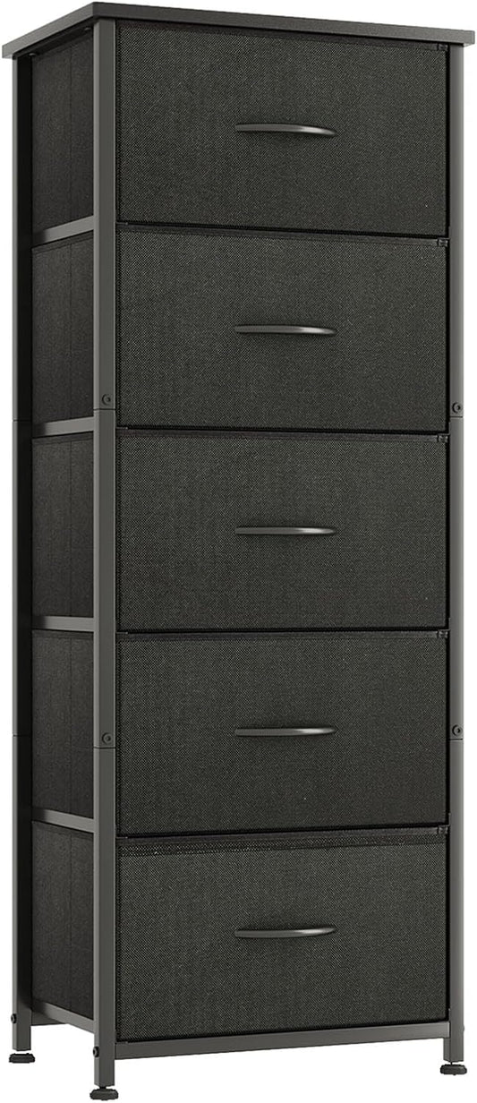 SKY-TOUCH 5 Chest of Drawers, Vertical Storage Drawers Tower Fabric Chest Dresser, Tall Organizer Dresser for Bedroom, Nursery, Closets, Sturdy Steel Frame with Wooden Top, Black