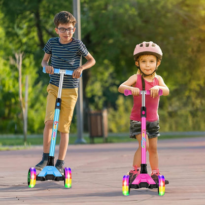 SKY-TOUCH Kids Scooter, 3 Wheel Foldable Kick Scooter with Flashing LED Lights for Boys Girls Ages 2-12, Adjustable Height, Lean to Steer, Non-Slip Deck, Lightweight Push Scooter for Children