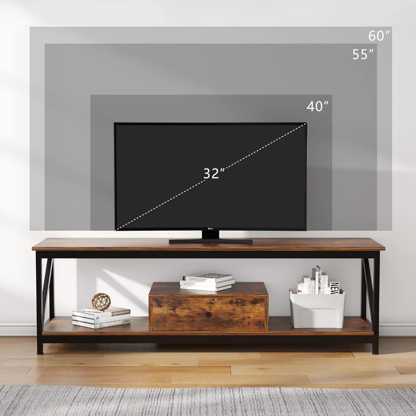 SKY-TOUCH TV Stand : Modern TV Table with 1 Drawer Wide TV Entertainment Center with Storage Shelves Sturdy Wooden TV Console Table with Metal Frame for Living Room (140 * 40 * 43CM Grey/Tiger Wood)