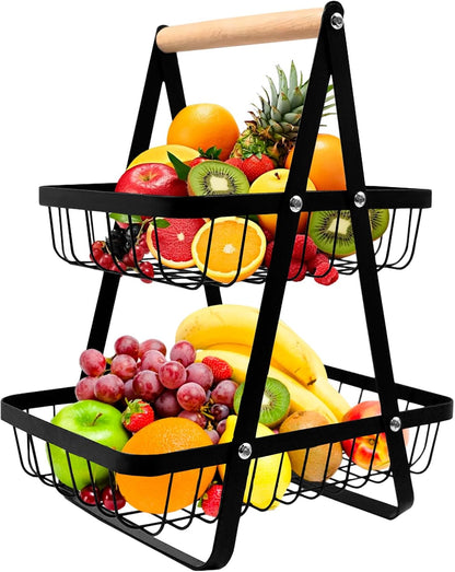 SKY-TOUCH 2-Tier Fruit Basket with Wooden Handle, Detachable Metal Fruit Bowl Holder Vegetable Storage Rack, Countertop Holder for Kitchen, Home, Office - Organize Fruits, Veggies, Snacks, Bread
