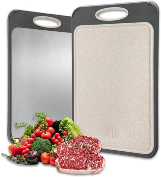 SKY-TOUCH Double Sided Chopping Board, Stainless Steel Food-Grade Chopping Board, Wheat Straw PP Cutting Board, Double-Side Using for Meats Vegetables Fruits,Scratch Resistant, Easy to Clean 35x25cm