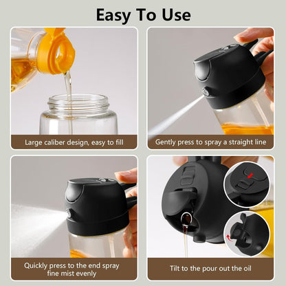 SKY-TOUCH 470ml 2 in 1 Glass Oil Sprayer & Dispenser Bottle, Olive Oil Spray Bottle for Cooking, Air Fryer, Salad, BBQ, Frying, Baking, Grilling, Food Grade, Leak-Proof, Refillable (Black)