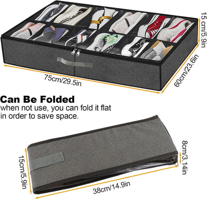 SKY-TOUCH UnderBed Shoe Storage Organiser Set of 2, Foldable UnderBed Shoe Organiser with Handles, Clear Foldable Shoes Containers Adjustable 24 Dividers with Bottom Support, 75x60x15cm