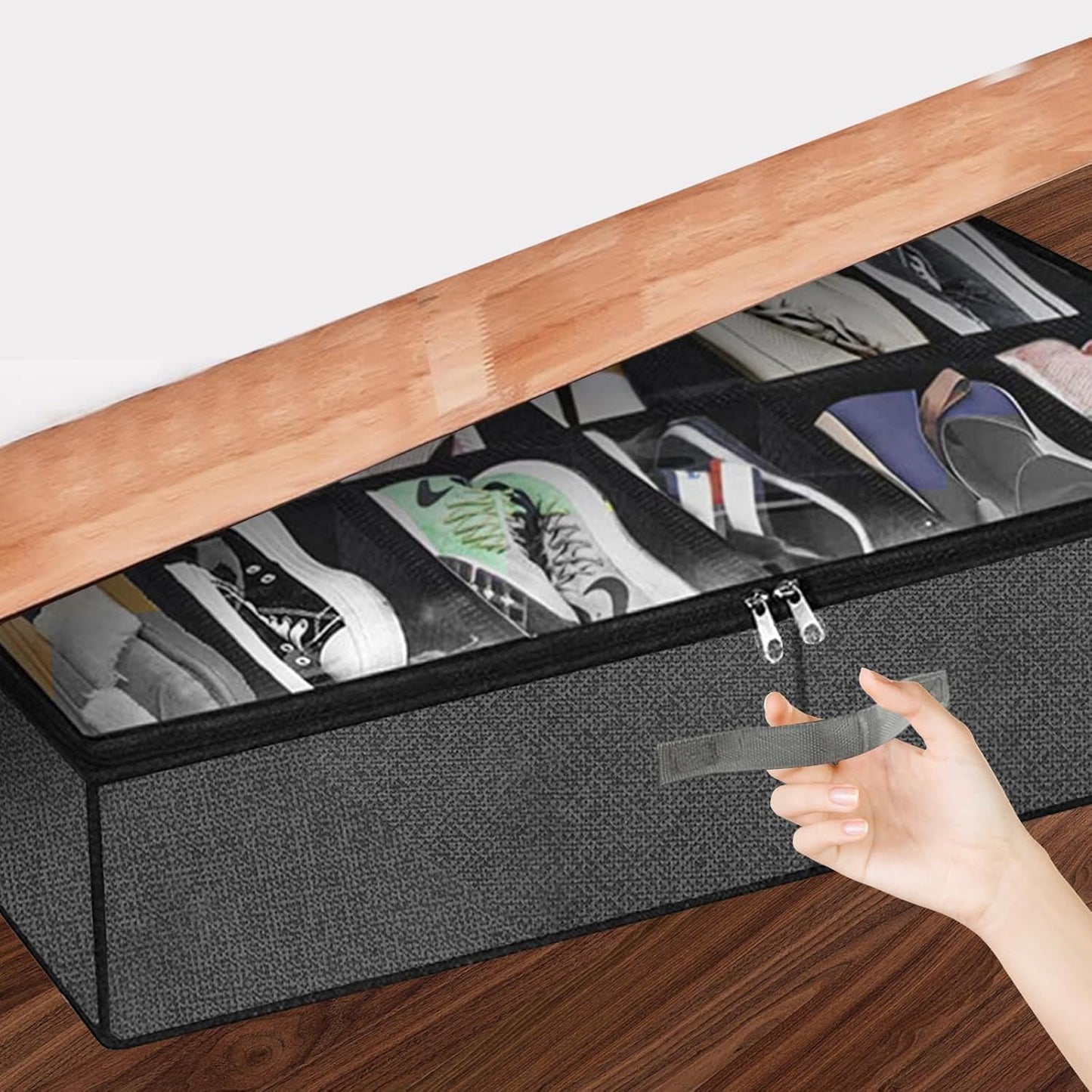 SKY-TOUCH UnderBed Shoe Storage Organiser Set of 2, Foldable UnderBed Shoe Organiser with Handles, Clear Foldable Shoes Containers Adjustable 24 Dividers with Bottom Support, 75x60x15cm