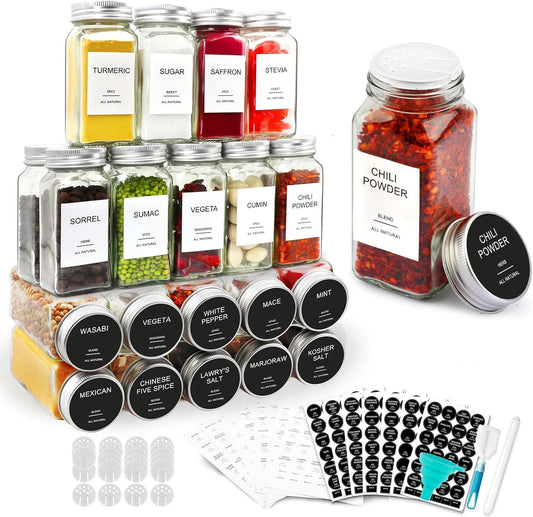 SKY-TOUCH 24 pack Glass Spice Jars with Shaker Lids,Seal Seasoning Jars with Labels for Kitchen,Spice,Cabinet, Drawer,120ml Glass,with Collapsible Funnel and Mark pen