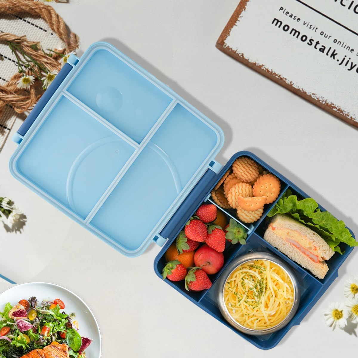 SKY-TOUCH Kids Bento Box with 8oz Thermos – Insulated Leak-Proof Lunch Box Set with 4-Compartment BPA-Free Containers, Microwave-Safe, 2L Capacity,– Blue, 19.5x22cm