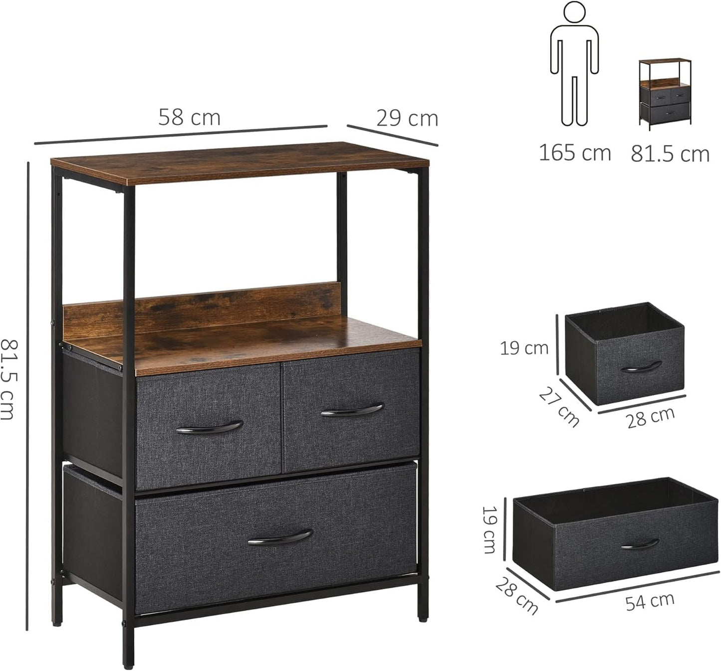 SKY-TOUCH 3 Fabric Drawer Nightstand Storage Chest Unit Home Cabinet w/Shelves Home Living Room Bedroom Entryway Living Furniture, Vintage,58 * 29 * 81.5cm