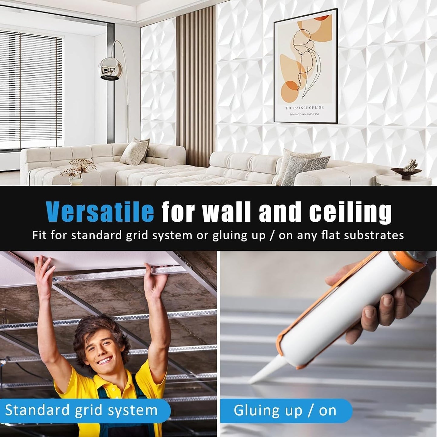 SKY-TOUCH 10PCS 3D Wall Panels, 30x30cm PVC Waterproof Wall Panel Diamond Textured Modern Decor Wall Tiles Accent Wall Panels for Living Room Bedroom Hotel Office, Coving 9.7 Sq.Ft（Matt White）