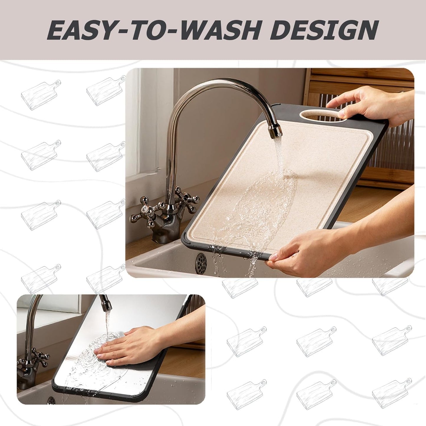 SKY-TOUCH Double Sided Chopping Board, Stainless Steel Food-Grade Chopping Board, Wheat Straw PP Cutting Board, Double-Side Using for Meats Vegetables Fruits,Scratch Resistant, Easy to Clean 35x25cm
