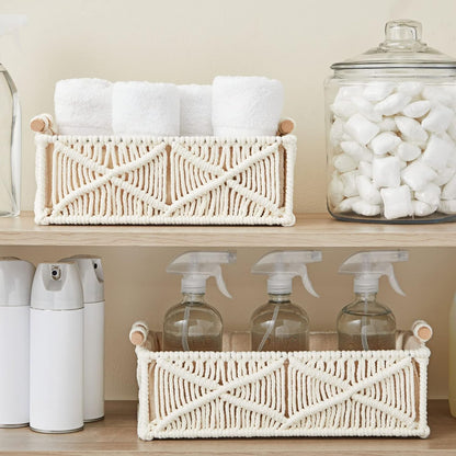 SKY-TOUCH Handwoven Macrame Storage Baskets,Woven Toilet Paper Basket with Handle for Bathroom Countertop, Storage Shelf for Bedroom, Living Room, Home (Ivory)
