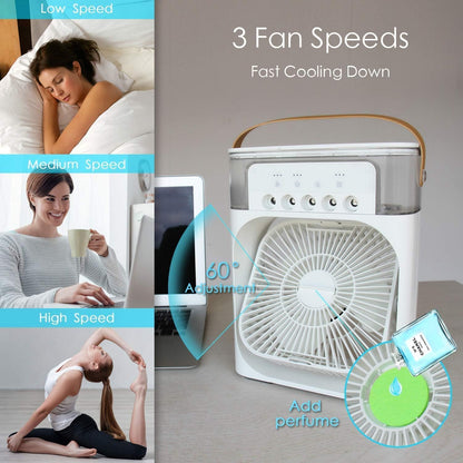 SKY-TOUCH 4 in 1 Portable Desk Fan with Cooling Mist,with 90° Oscillation,with Timer 1-3H, 3 Wind Speeds, 5 Spray Modes, 7 Colour Night Light for Home, Office, Bedroom, Black- 600ml Water Tank