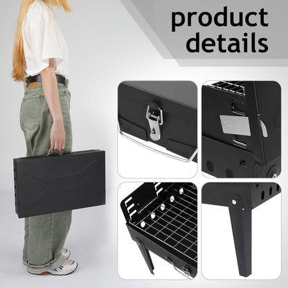SKY-TOUCH Portable Charcoal Grill, Outdoor Foldable BBQ Grill with Barbecue Accessories & Lid for Cooking Camping Picnic Hiking Beach Party Patio Smokers, Black, 43x26x46cm