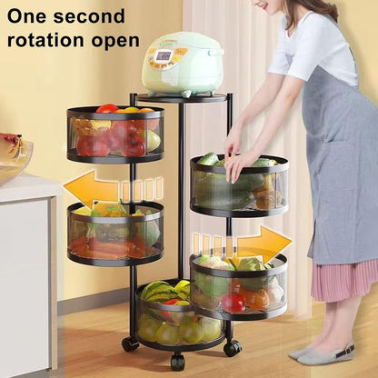 SKY-TOUCH 5 Tier Kitchen Storage Shelf, Rotatable Fruit Vegetable Basket, Circular Rotating Basket Large Storage Rack with 4 Movable Wheels