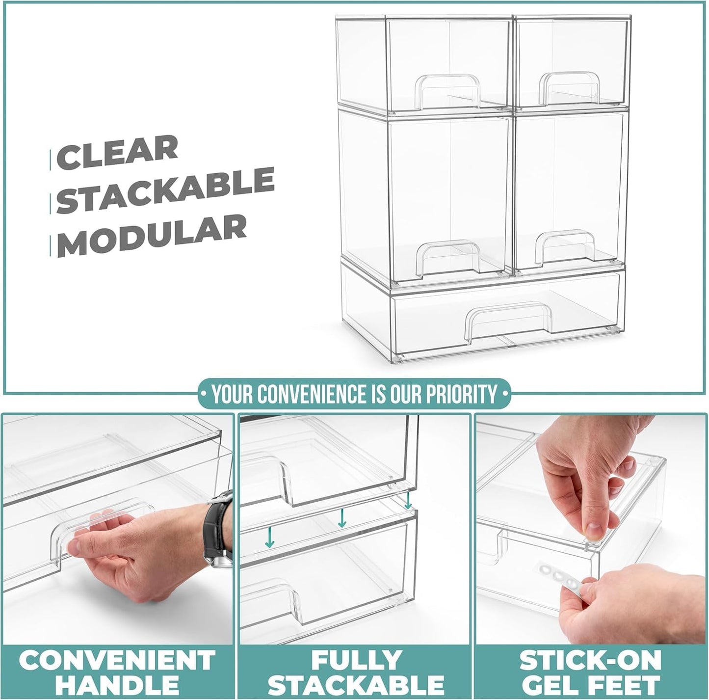 SKY-TOUCH 5 PACK Plastic Stackable Storage Drawers, Clear Acrylic Storage Drawers Container Boxes for Vanity, Undersink, Kitchen Cabinets, Pantry Organization and Storage, Wide *1 + Tall *2 + Small *2