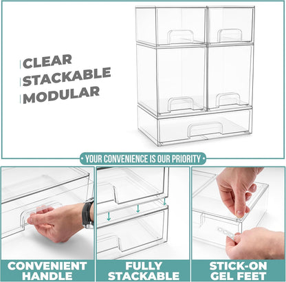 SKY-TOUCH 5 PACK Plastic Stackable Storage Drawers, Clear Acrylic Storage Drawers Container Boxes for Vanity, Undersink, Kitchen Cabinets, Pantry Organization and Storage, Wide *1 + Tall *2 + Small *2