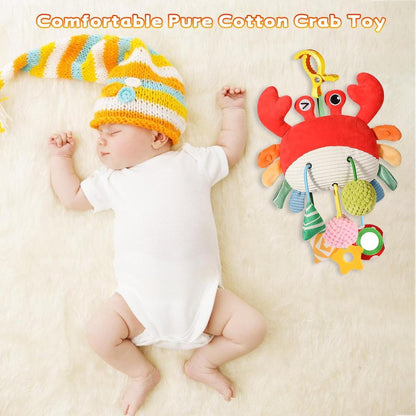 SKY-TOUCH Crab Car Seat Toy for Babies - Multi-Sensory Infant Stroller Toy with Mirror, Bell, Rattles, Crinkle, Teether - Safe, Soft, Fun Activity Toy for 18 months+
