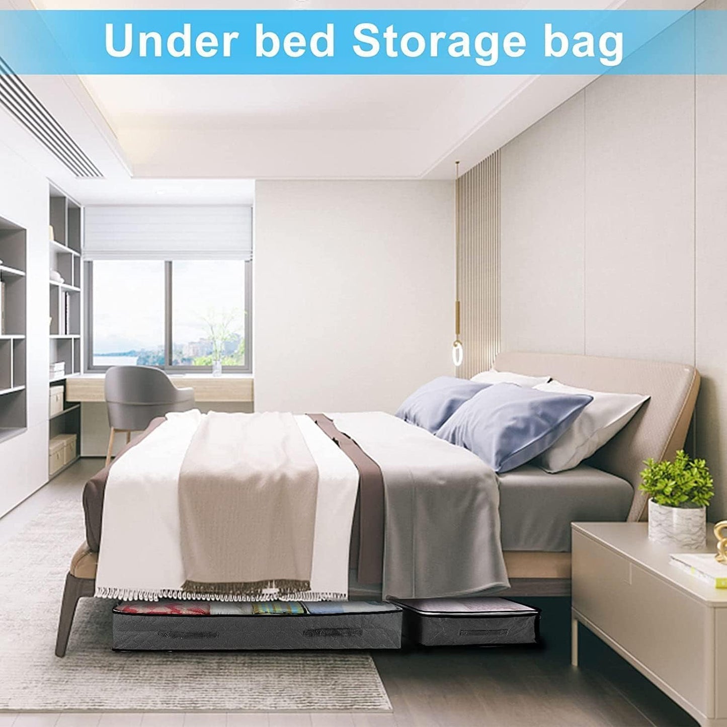 SKY-TOUCH 4PACK Underbed Storage Box, with Zip lock Bags - Under bed Storage Box with PVC Window for Clothes, Duvets, Comforters, Blankets, Bedding, Quilts - 100x50x18cm, Grey 90L