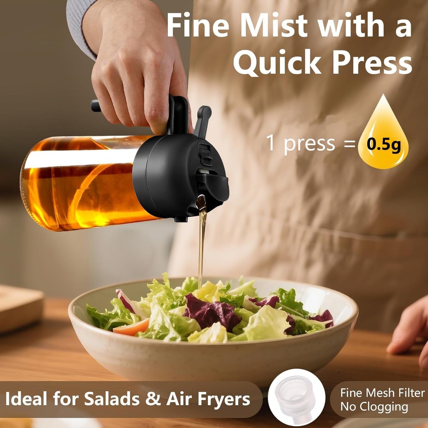 SKY-TOUCH 470ml 2 in 1 Glass Oil Sprayer & Dispenser Bottle, Olive Oil Spray Bottle for Cooking, Air Fryer, Salad, BBQ, Frying, Baking, Grilling, Food Grade, Leak-Proof, Refillable (Black)